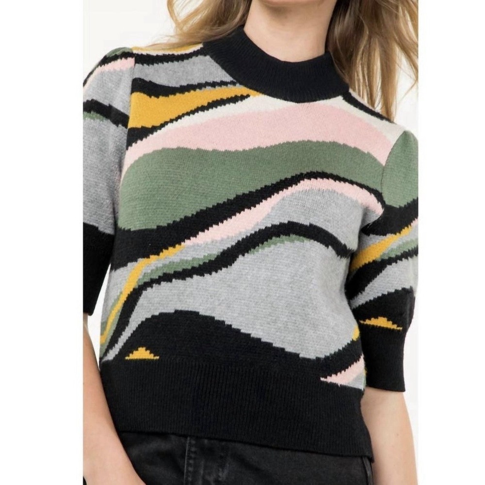 THML Anthropologie Women's Small Ella Short Puff Sleeve Sweater Black Pink Green - Picture 2 of 10